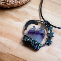 Amethyst Crystal Moon & Star Pendant - Includes Leather Band