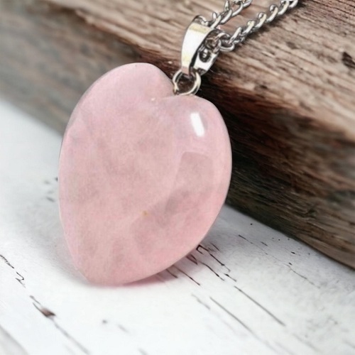 Rose Quartz Heart Necklace with Chain - Medium