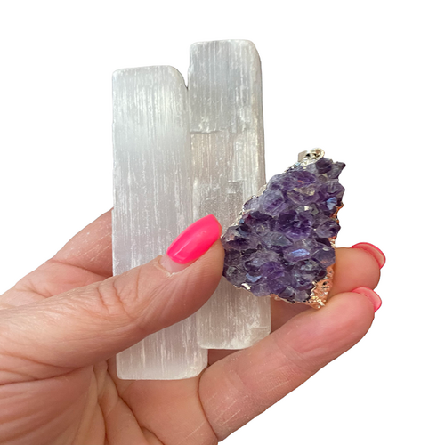 Amethyst Cluster Pendant - Includes x2 Selenite Pieces